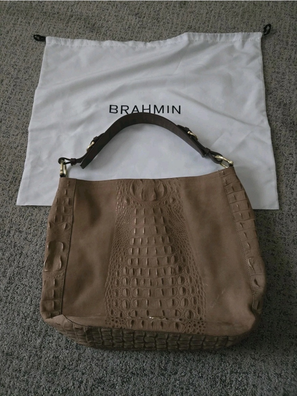 Brahmin Taupe/Coffee Croc-Embossed Leather suede Shoulder Bag great condition
